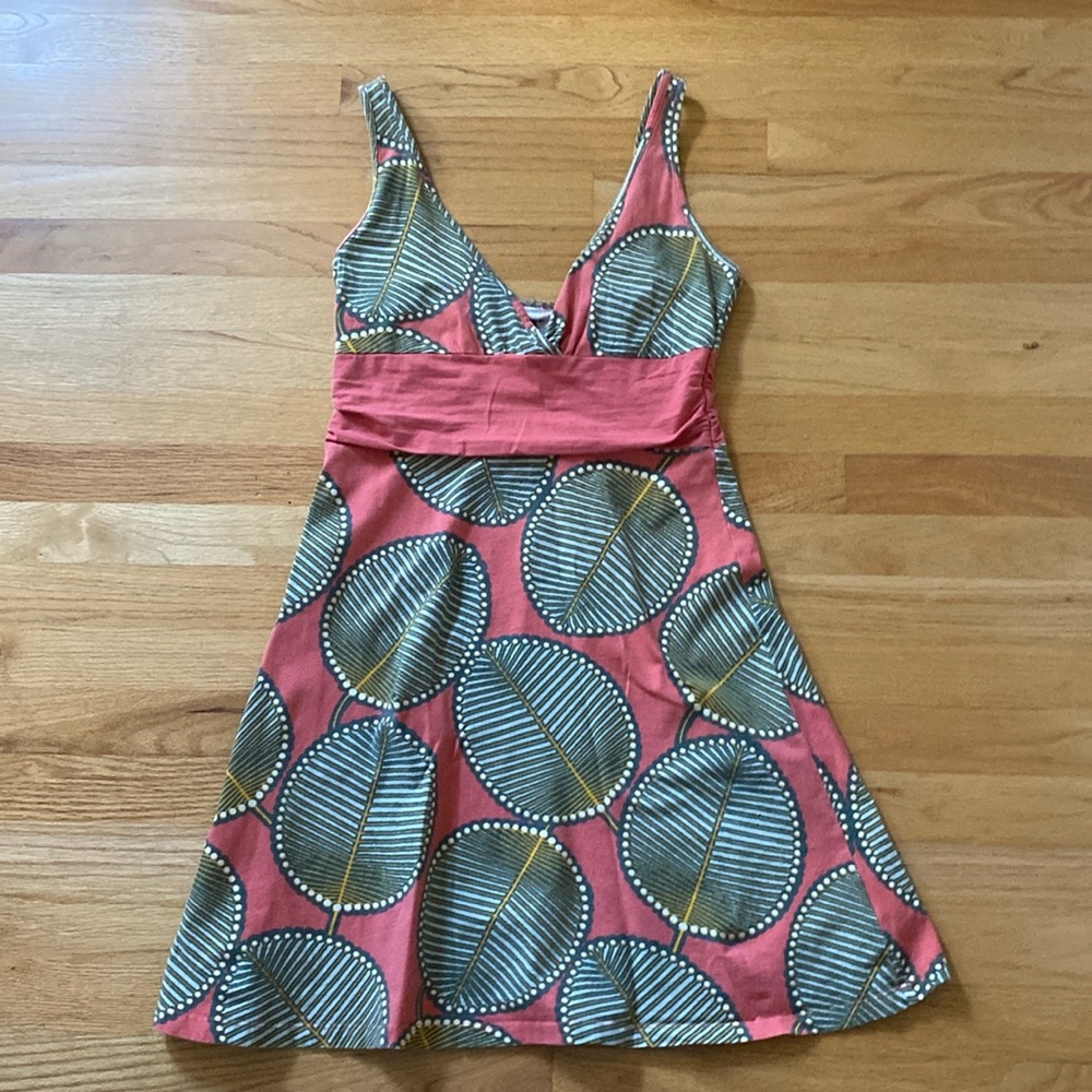 Patagonia Coral Pink Tank Dress with Green Leaf Print